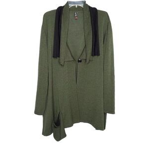 Dark Green Black Lagenlook Cardigan XL One Button Layered Rolled Collar Boho